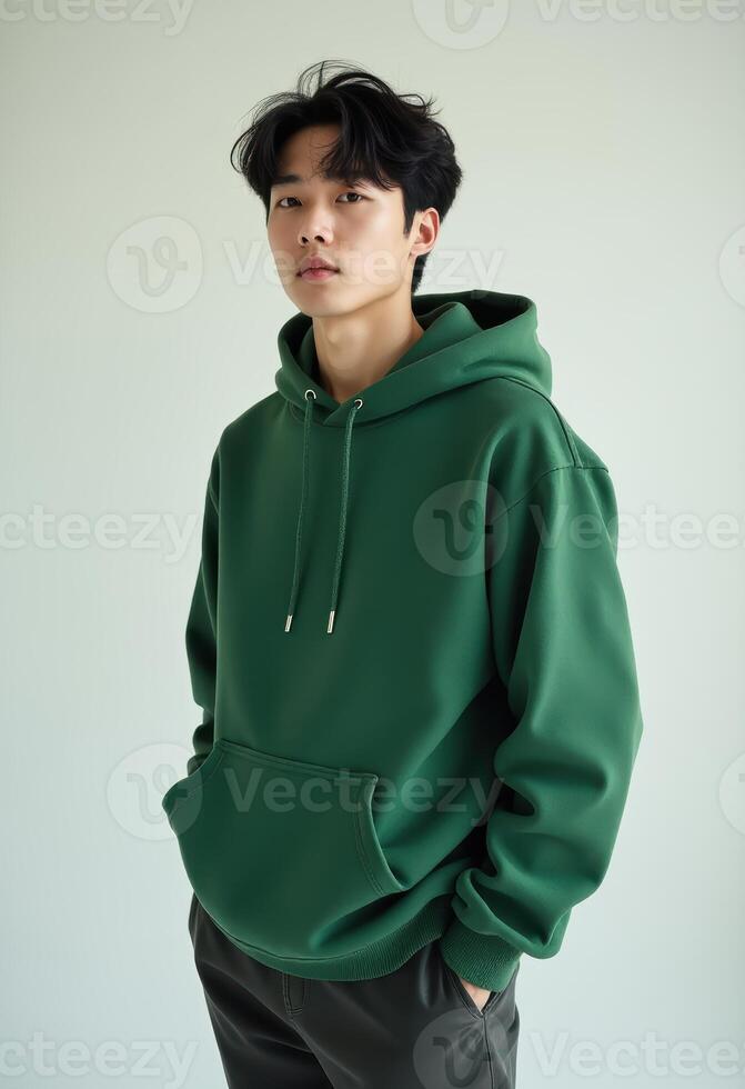 Young Asian Man in Green Hoodie Posing with a Calm Expression photo