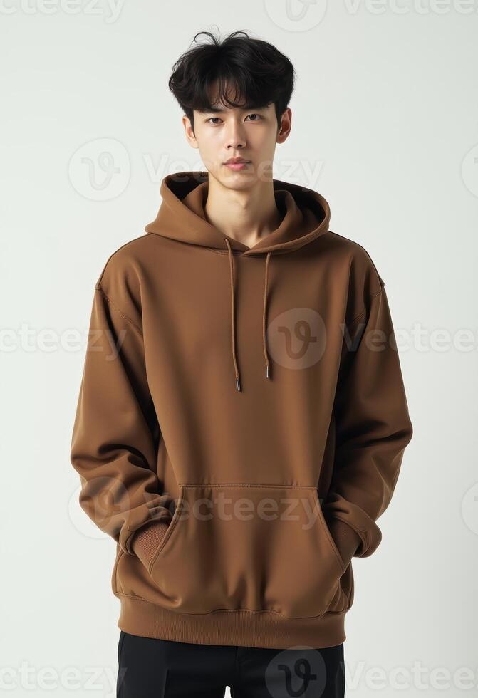 Portrait of Young Korean Man in Brown Hoodie with Hands in Pocket photo