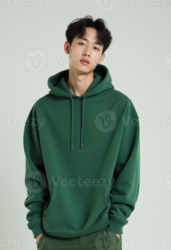 Young Korean Man in Green Hoodie Posing with a Calm Expression photo