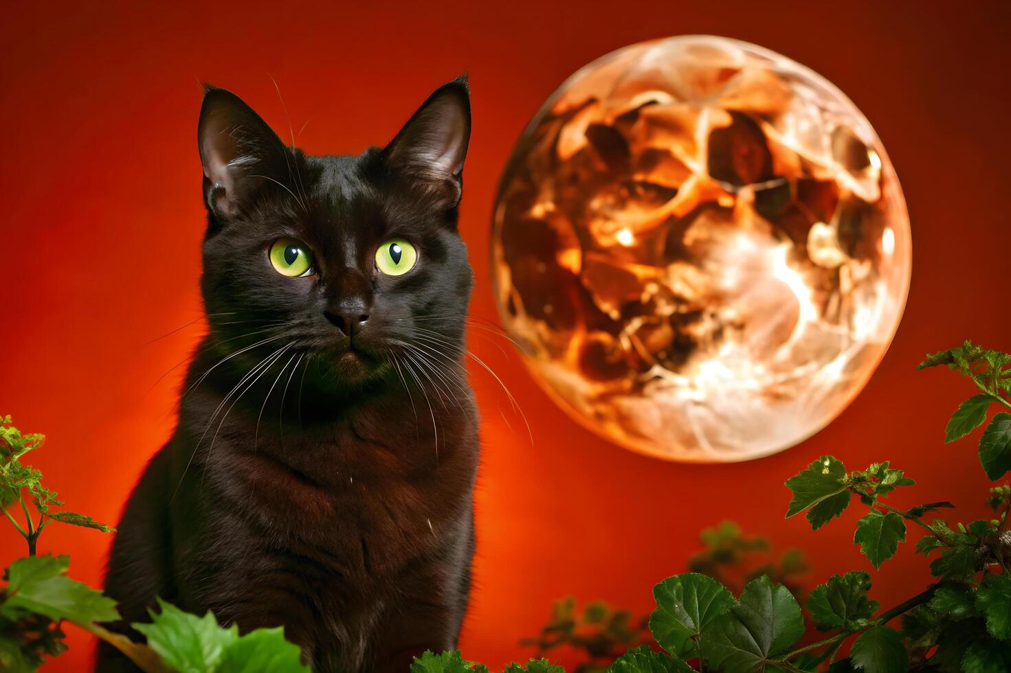 A black cat is sitting in front of a full moon photo