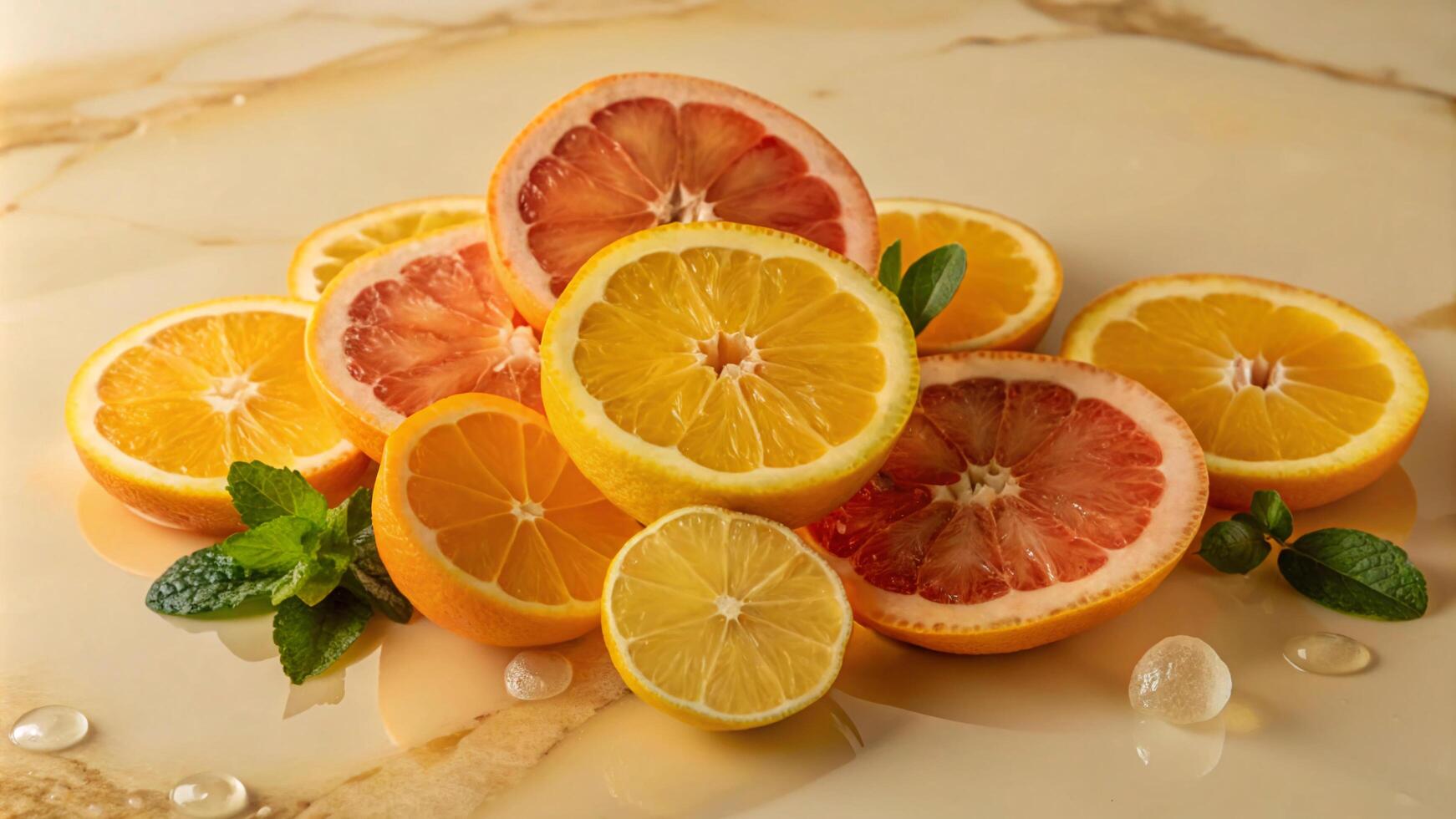 Sliced orange and grapefruit on marble surface photo