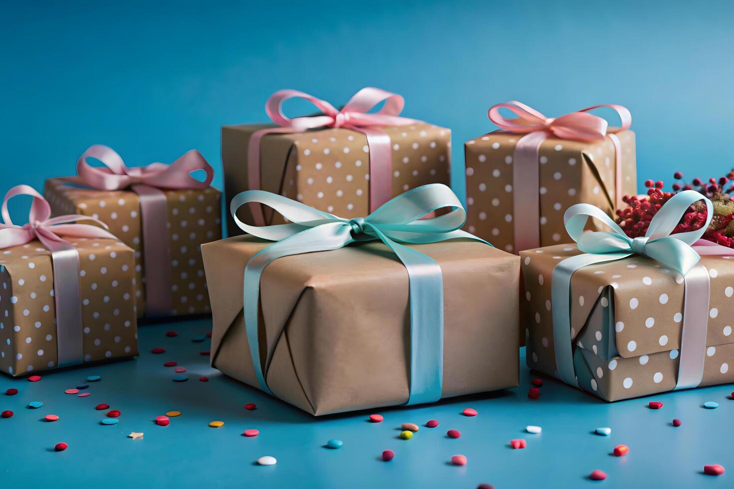 Gift boxes with polka dots and bows on blue background photo