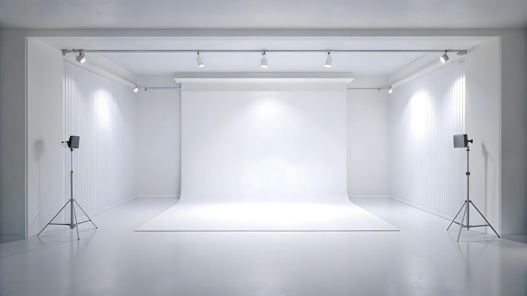 An empty photo studio with lights and a white backdrop