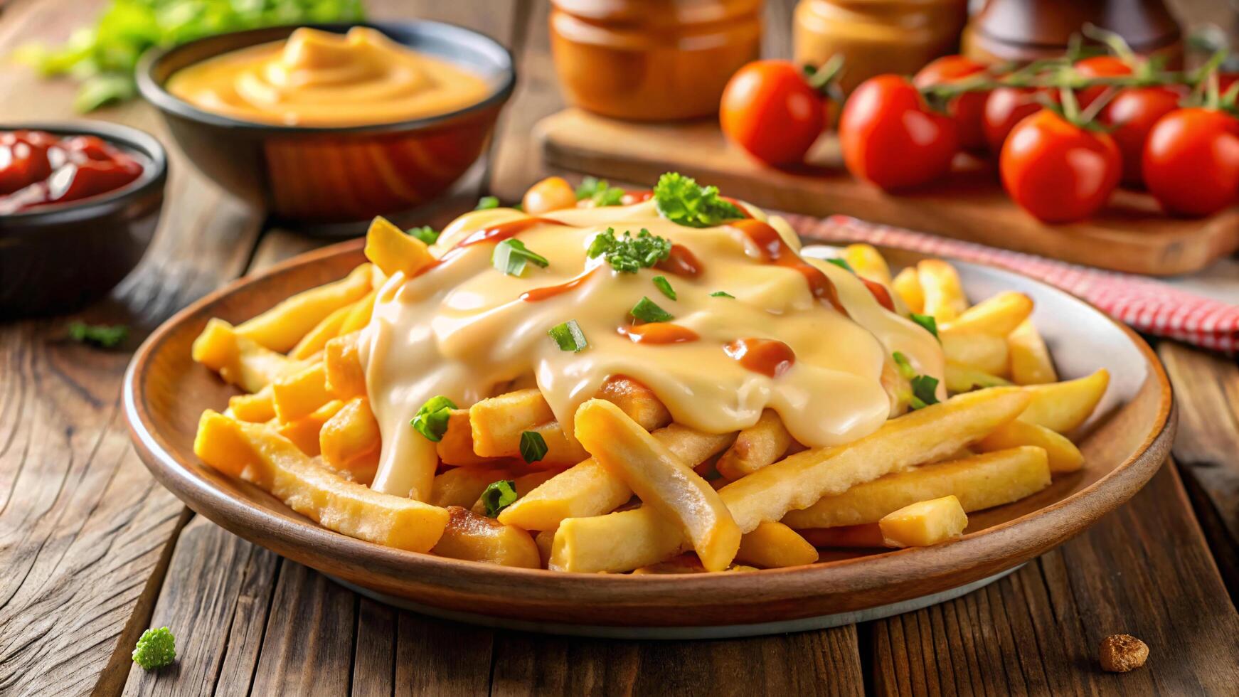 French fries with cheese sauce and tomatoes on a wooden table photo