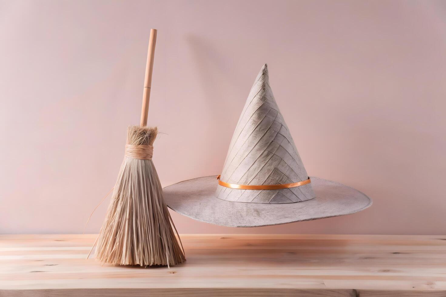 A broom and a witch hat on a wooden table photo