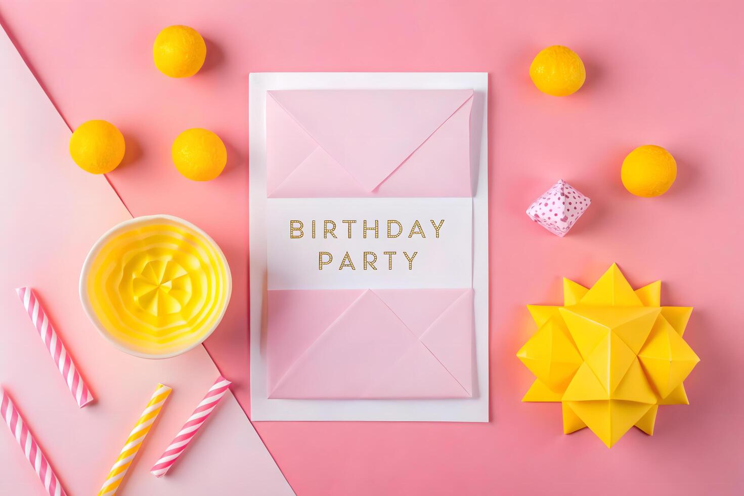 Birthday party invitation with yellow and pink paper photo