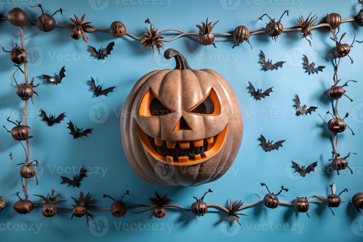 A halloween pumpkin surrounded by bats and spiders photo
