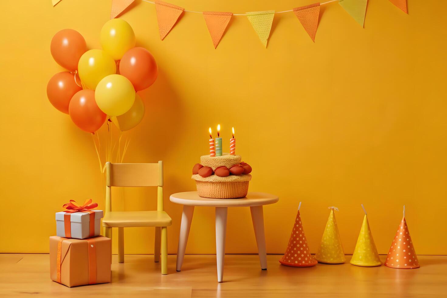 A birthday cake, chair and balloons on a yellow wall photo