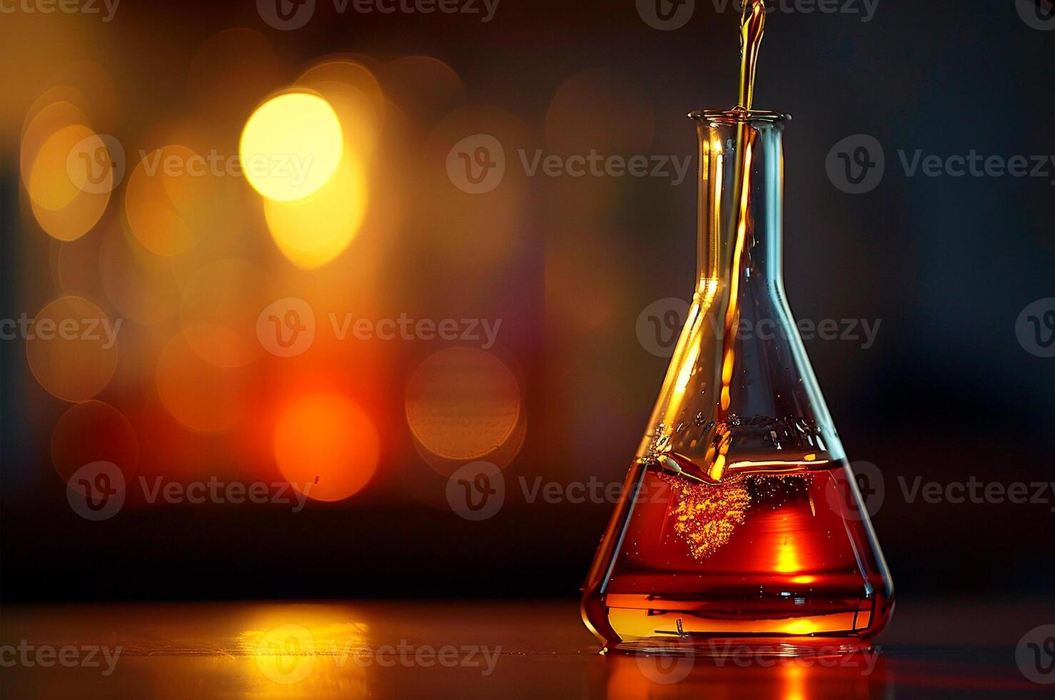 A solution is poured into a flask, laboratory photo