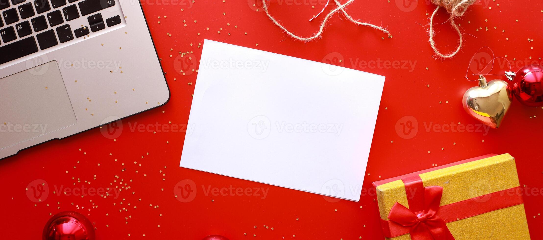Banner Flat lay shopping for christmas gifts. Mockup white sheet shopping list photo