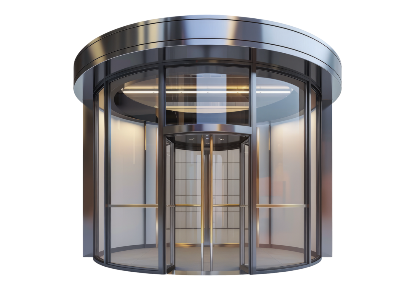 A circular elevator with glass doors and a glass floor png