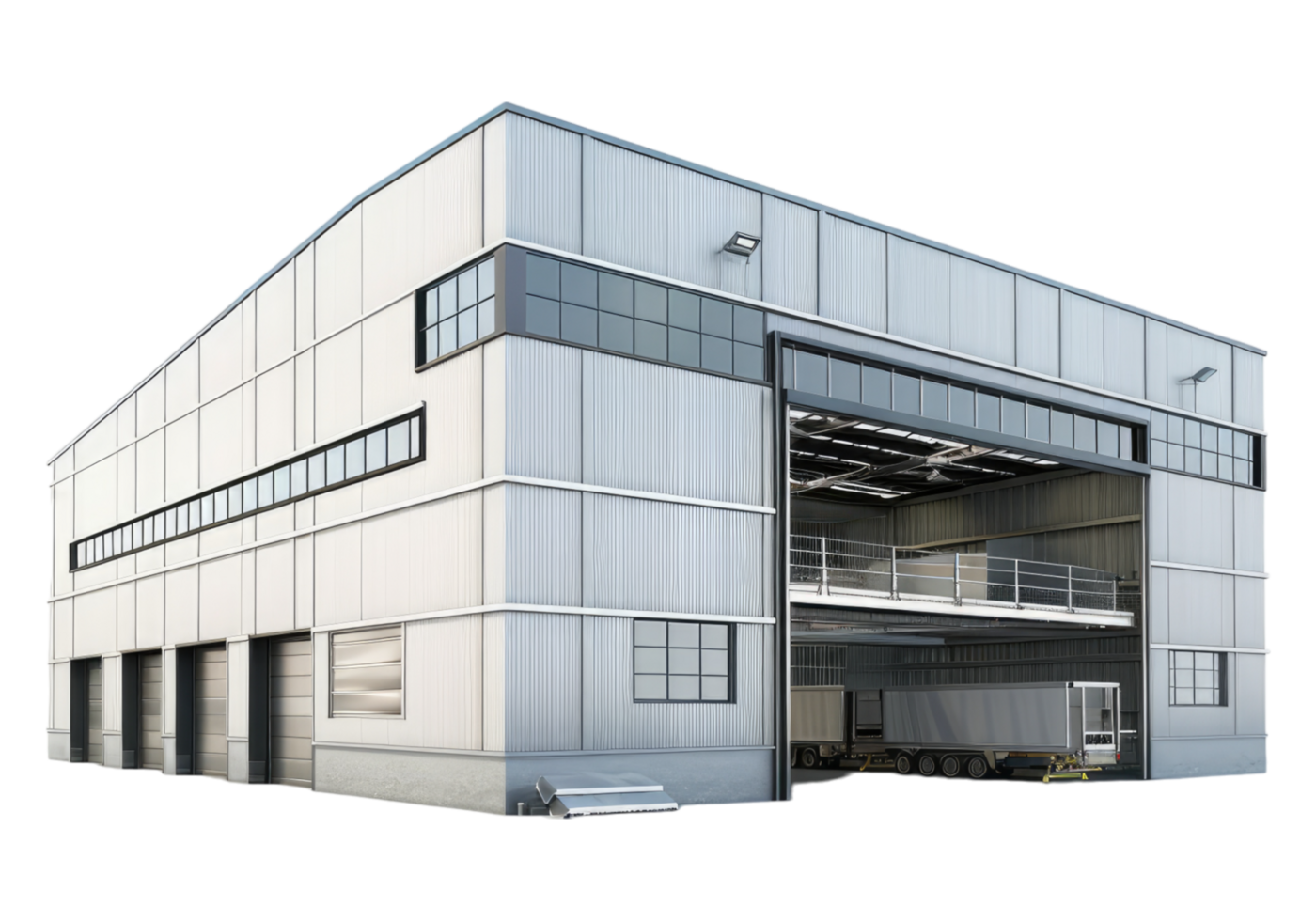 A large industrial building with a large garage door png