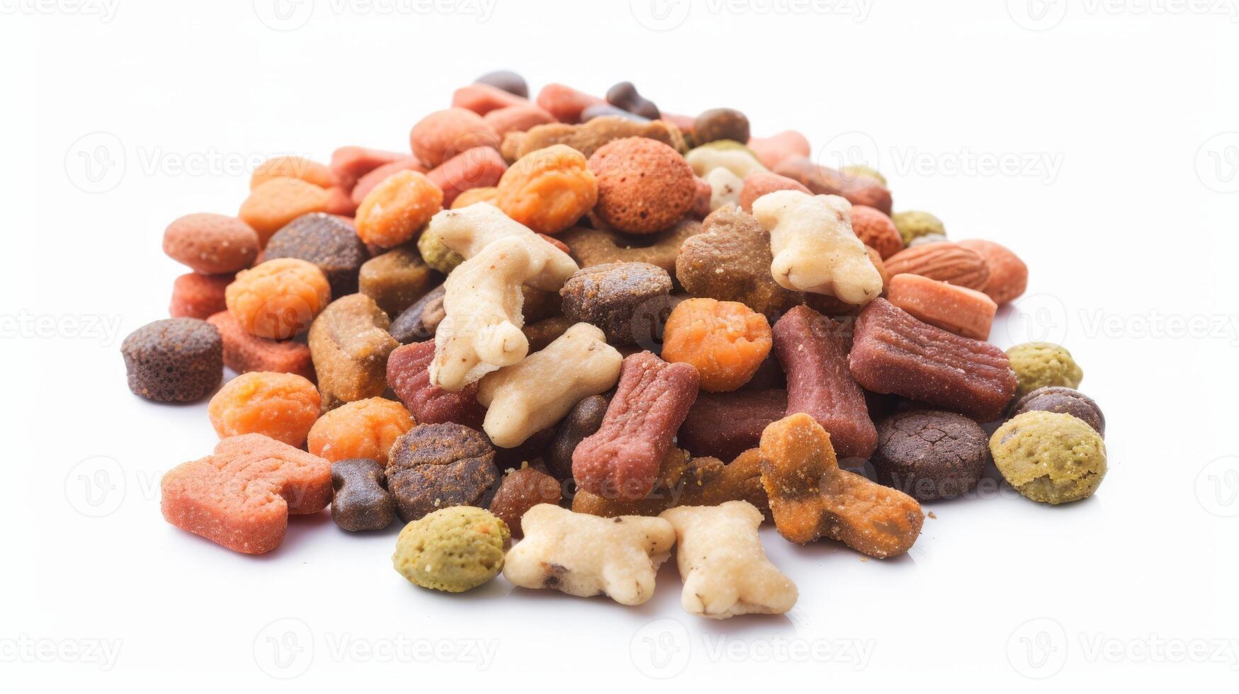 A colorful assortment of dry pet food is arranged chaotically against a stark white background. The mix includes various shapes and flavors, ideal for pets photo