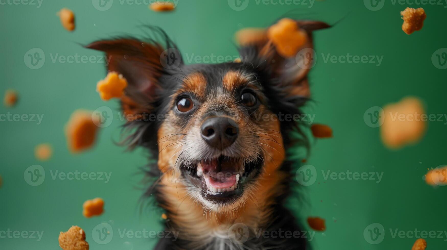 A joyful dog sits with an excited face, surrounded by floating dog treats, capturing a playful and vibrant atmosphere in a cozy indoor space photo