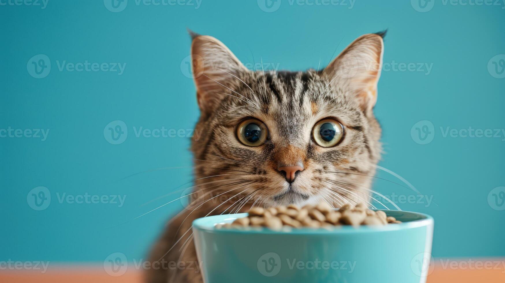 The cat displays a bewildered look while sitting in front of its bowl filled with dry food. The vivid blue background enhances the playful atmosphere of mealtime photo