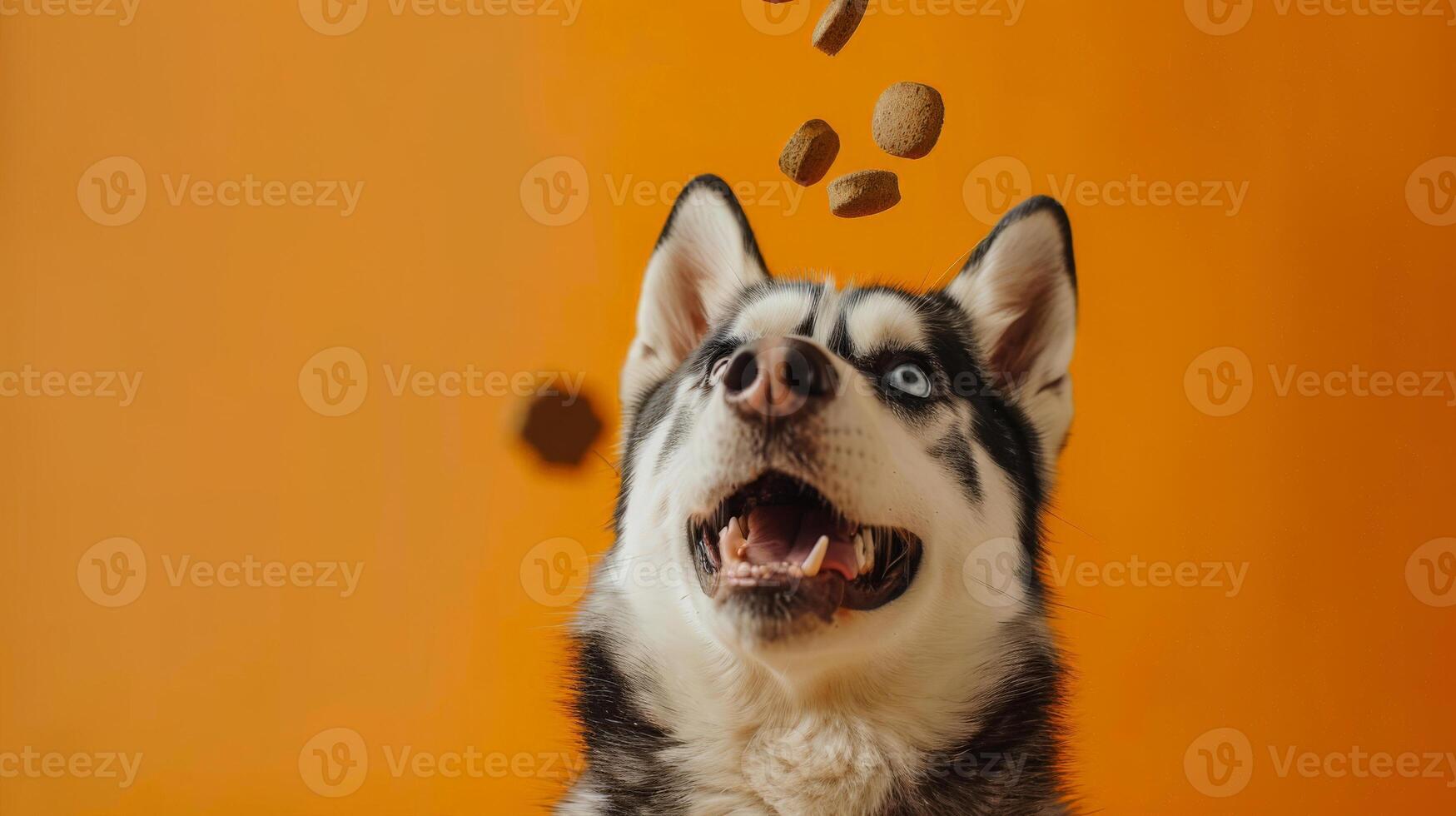 A cheerful husky sits under an orange background, eagerly trying to catch flying treats with a big smile. Its playful nature is on full display photo