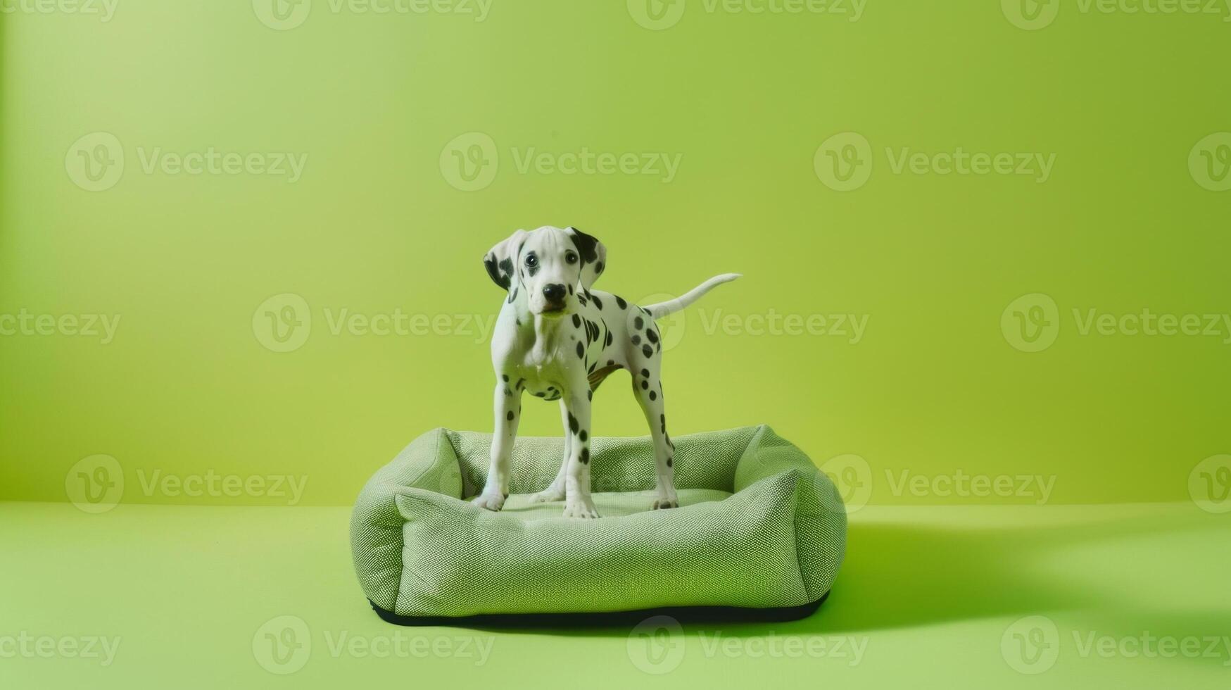 A cheerful dog stands upright on a soft, premium dog bed that is centrally placed in a bright green setting. The environment is vivid and lively, enhancing the dog's playful demeanor photo