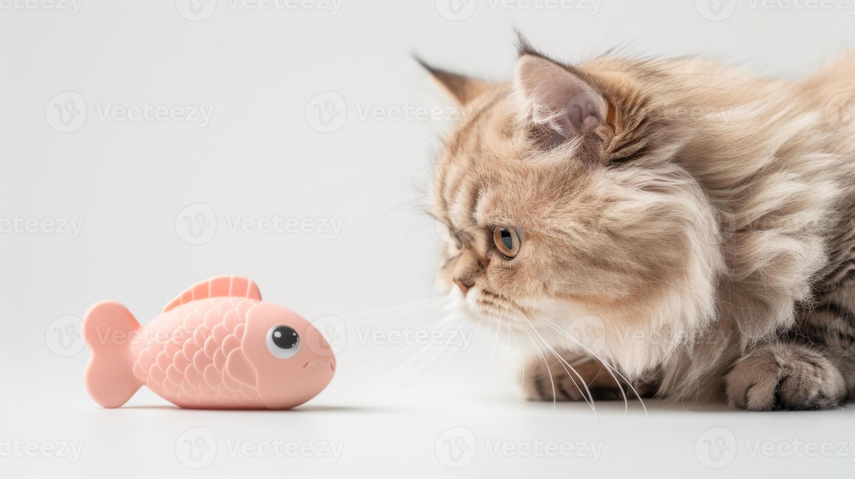 A fluffy cat with striking features looks intently at a cute mint-colored fish toy on a clean, light surface, showcasing its playful curiosity and charm photo