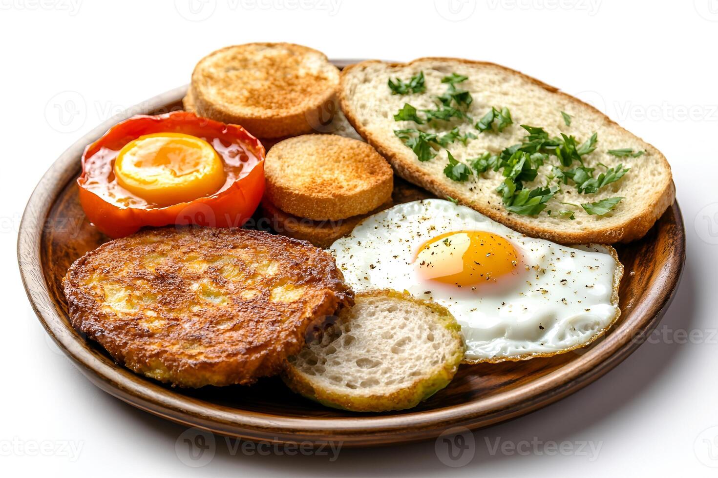 View of fried eggs, bread, tomatoes, and various vegetables cooked on a wooden plate photo