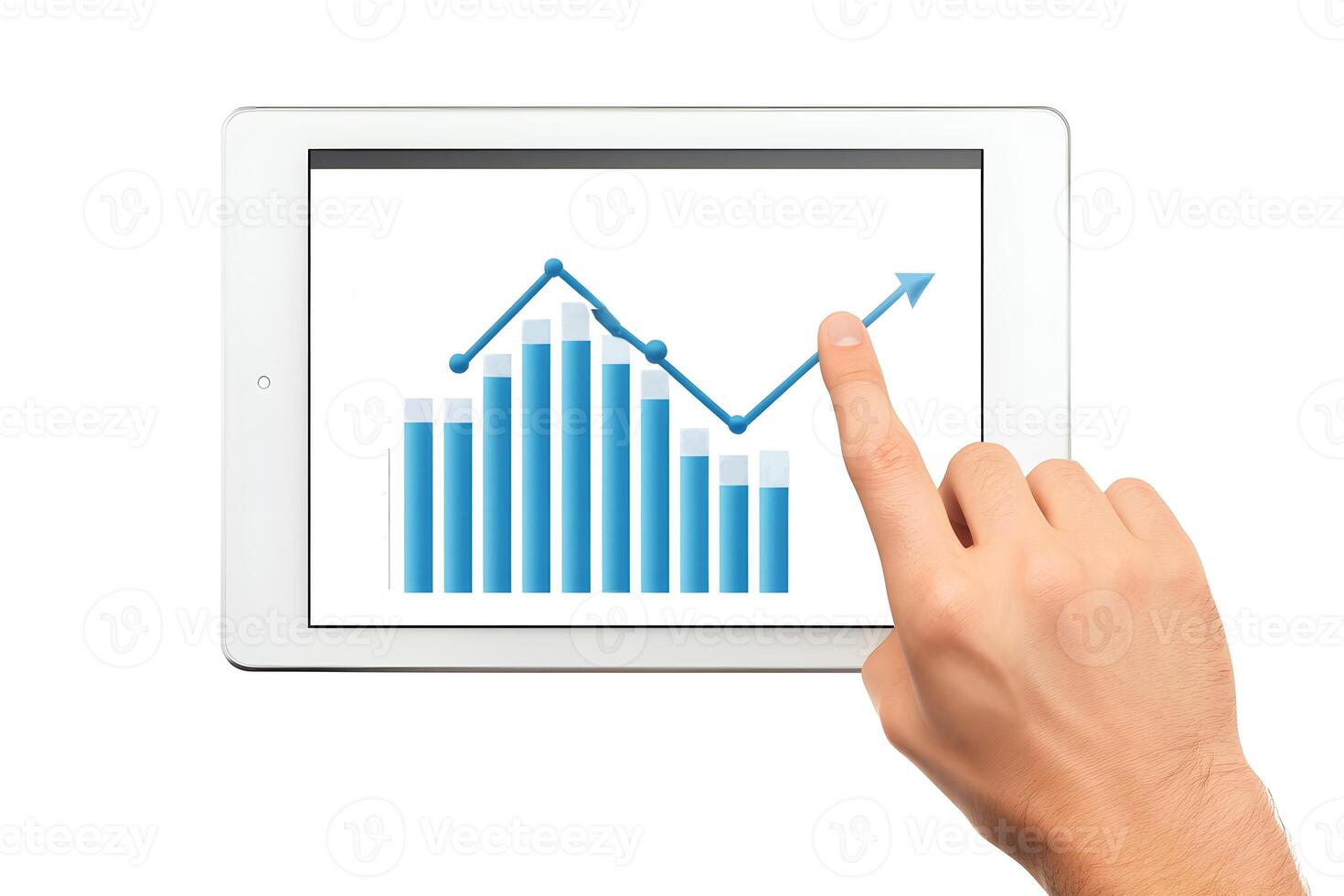 An online businessman showing sales or growth rate with fingers on a tablet screen photo