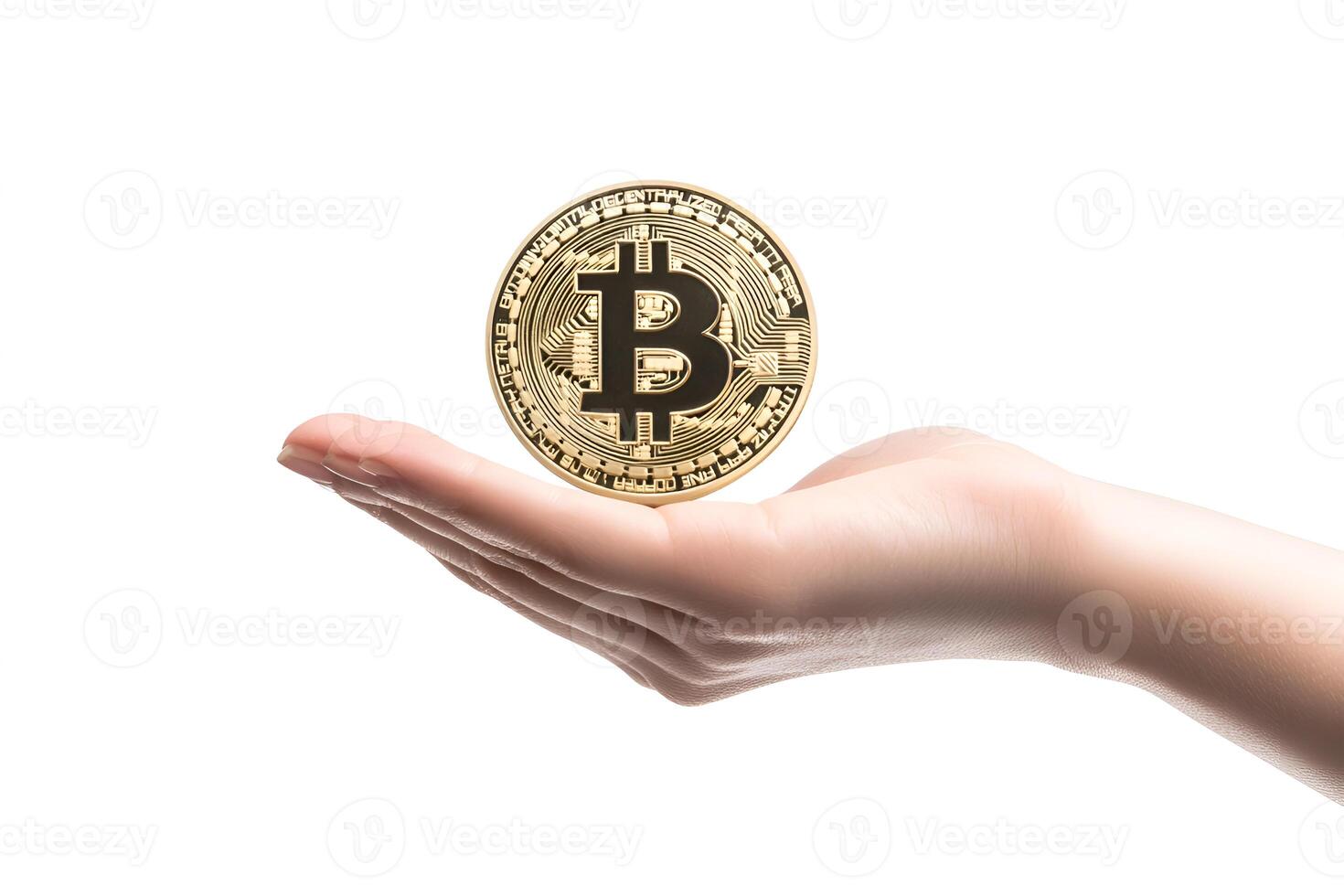 View of bitcoins on hand on a white background for advertising photo