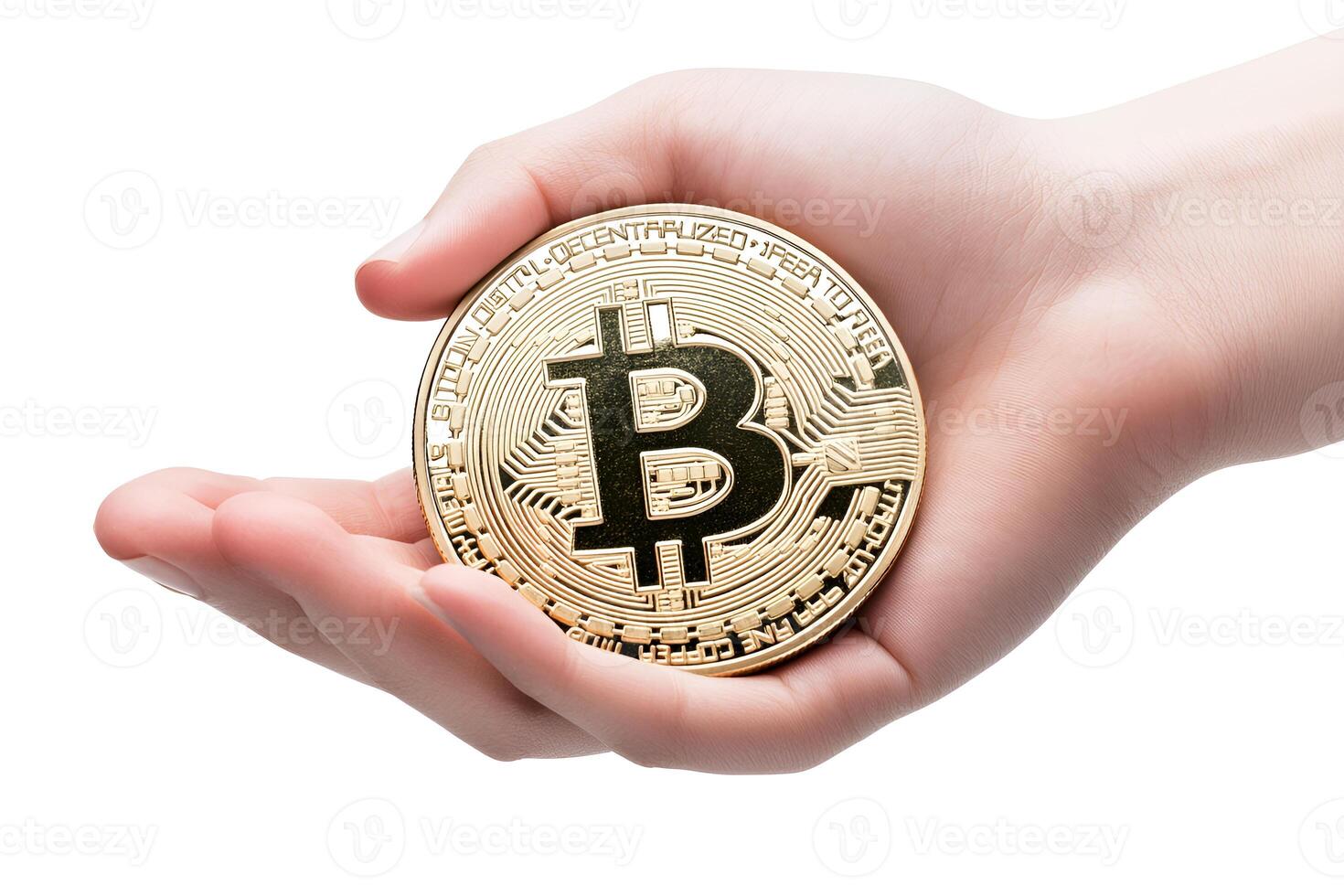 View of hand holding bitcoins on white background for advertisement photo