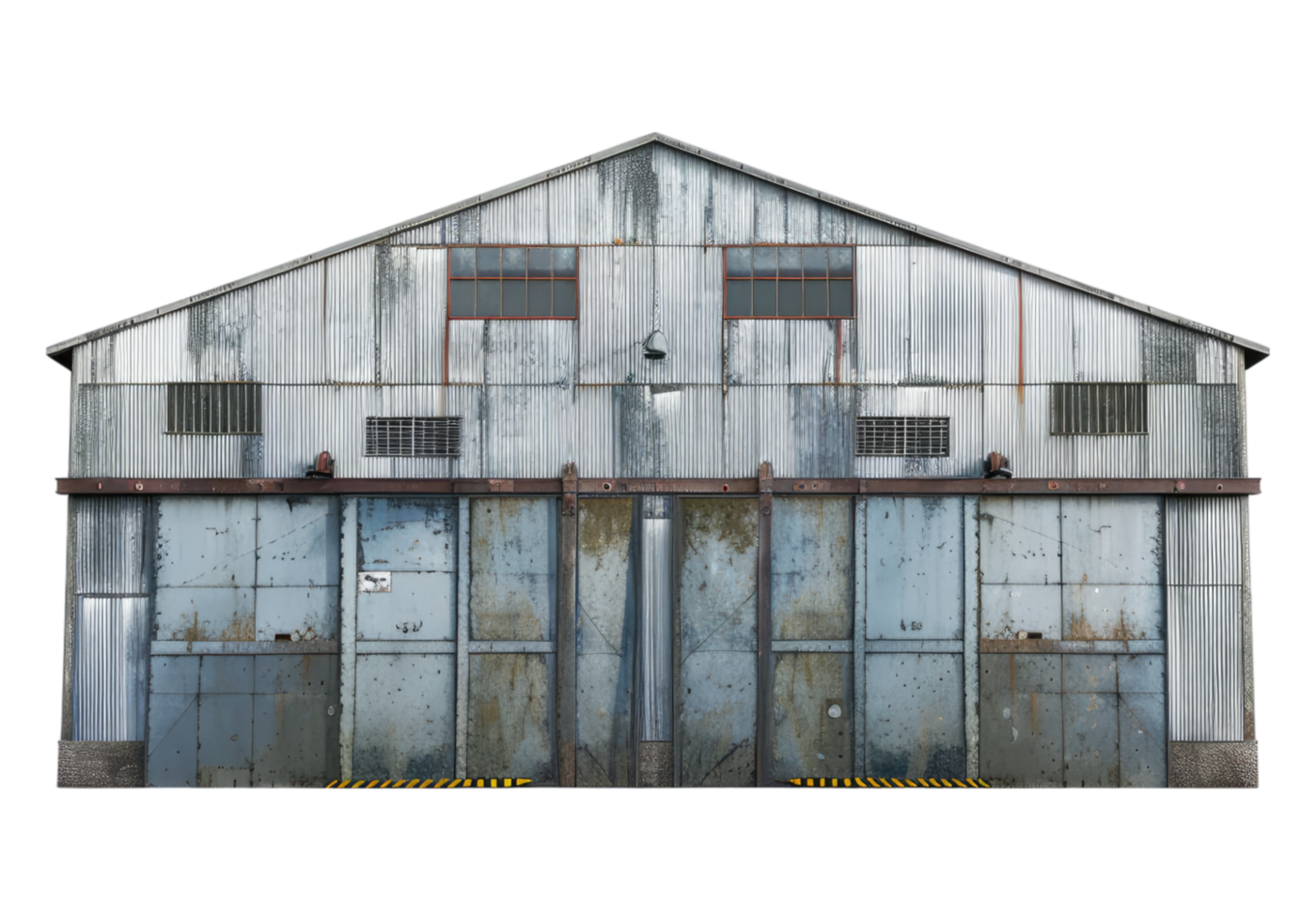 An old metal building with a door and windows png