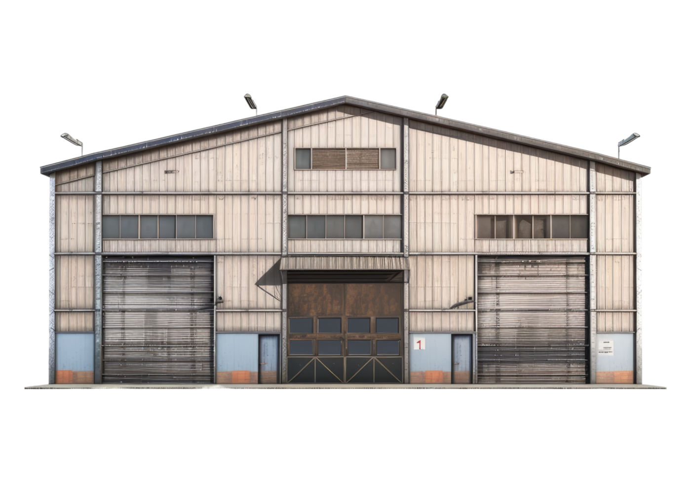 A large industrial building with two doors and windows png