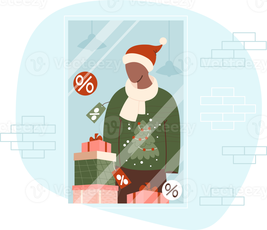 Showcase New Year store. Mannequin in Santa hat, Christmas ugly sweater and gift boxes. Holiday sale, png
