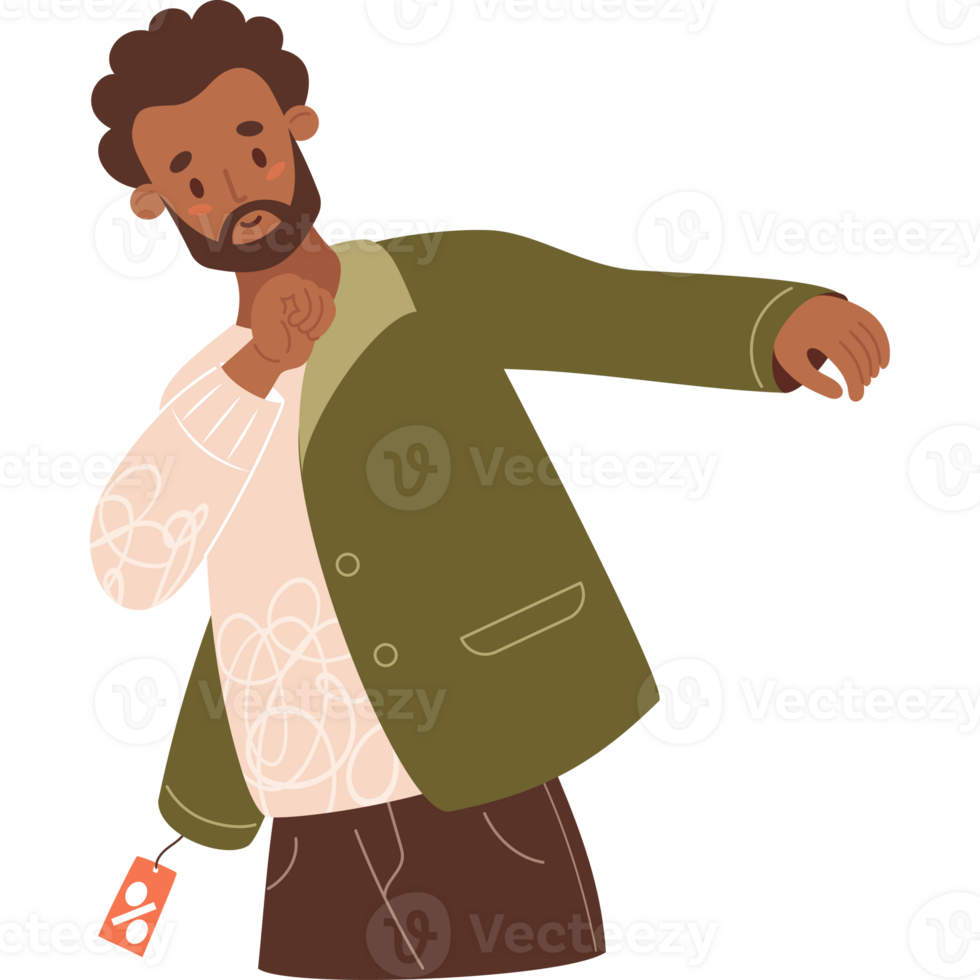 Bearded ethnic Man tries on business jacket at sale png