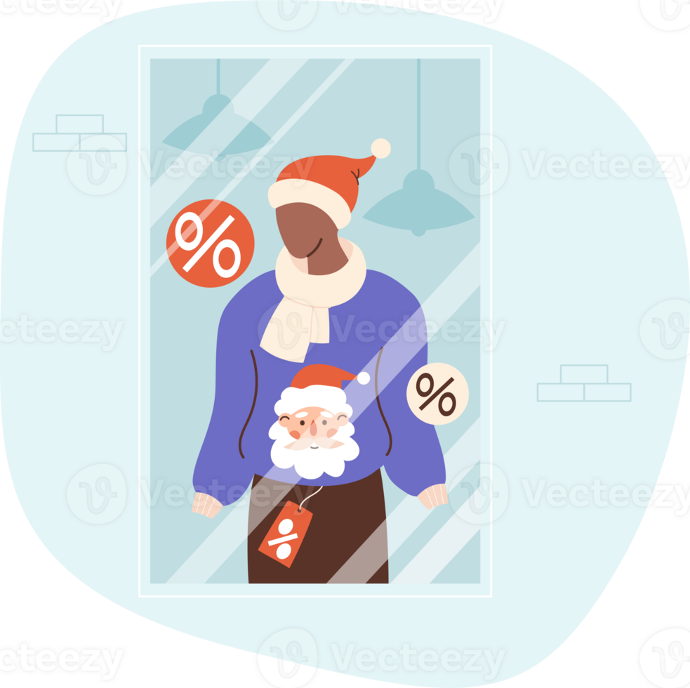 Showcase New Year store. Mannequin with festive Christmas ugly sweater with Santa. Holiday sale, shopping png