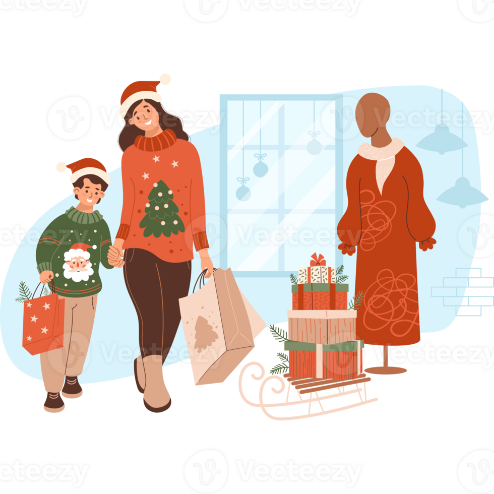 Christmas Shopping. Happy woman with son in store near female mannequin and New Year sleigh with gifts png
