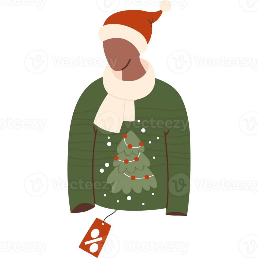 Mannequin in Christmas ugly sweater with tree with price tag png