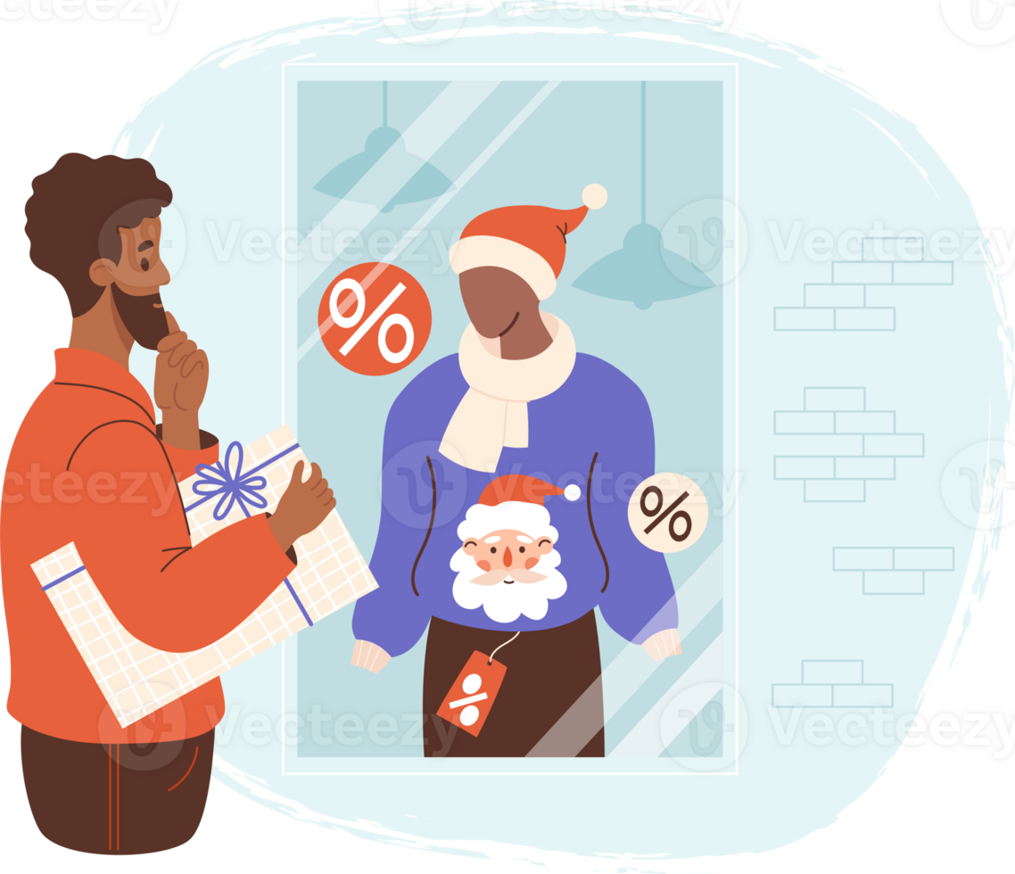 Ethnic man near showcase New Year store with mannequin in Santa hat, Christmas sweater png