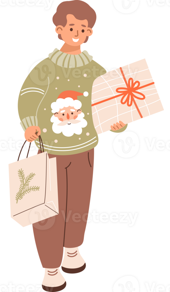Shopping. Boy in Christmas sweater with Santa and gifts png