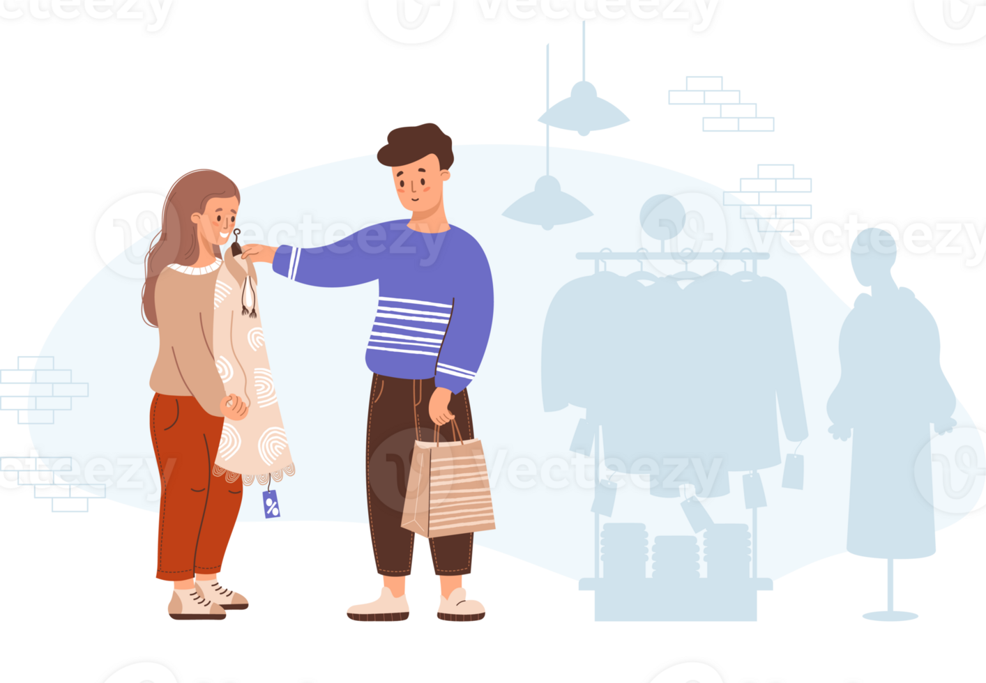 Couple people buyers in store shopping. Man and girl try on dress png