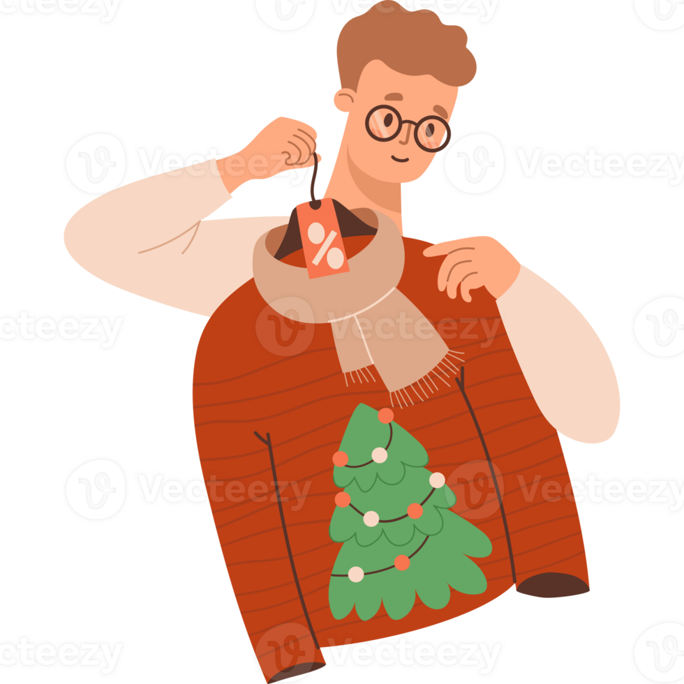 Shopping. Man trying on ugly Christmas sweater with tree on sale png