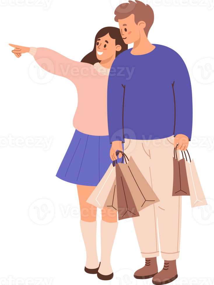 Happy Man and woman on shopping with packages. Holiday shopper character png