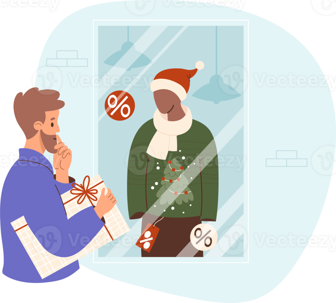 Man near showcase New Year store with mannequin in Santa hat in ugly Christmas sweater with tree png