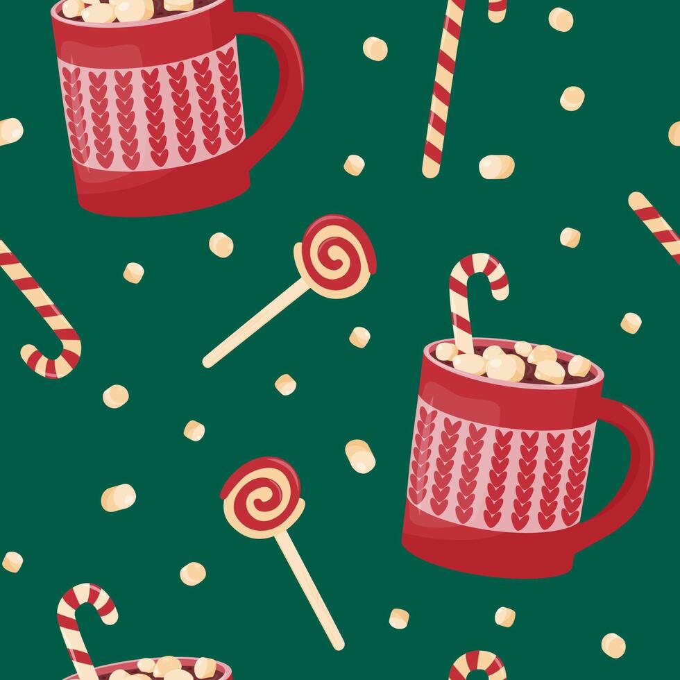 Seamless pattern. Festive cute mugs with hot cocoa,chocolate, marshmallows and sweets. vector