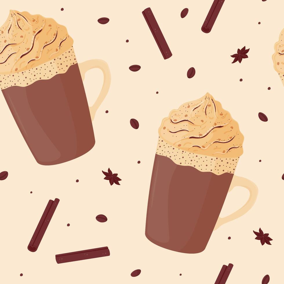 Seamless pattern. Festive cute cocoa with whipped cream, hot chocolate, coffee in a glass cup. vector
