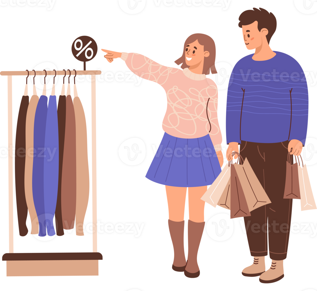 Happy man and woman buyers in store on shopping sale png