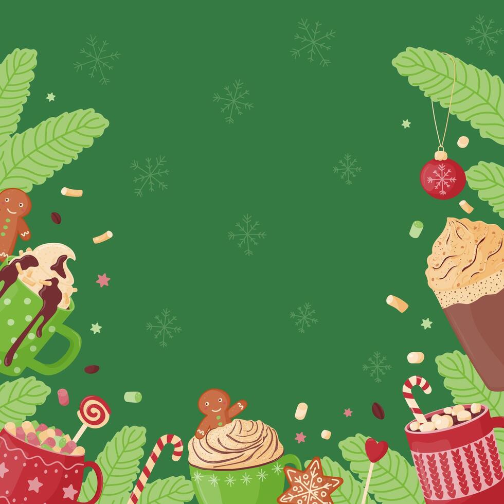 Christmas frame made of hot drinks, sweets, gingerbread. vector
