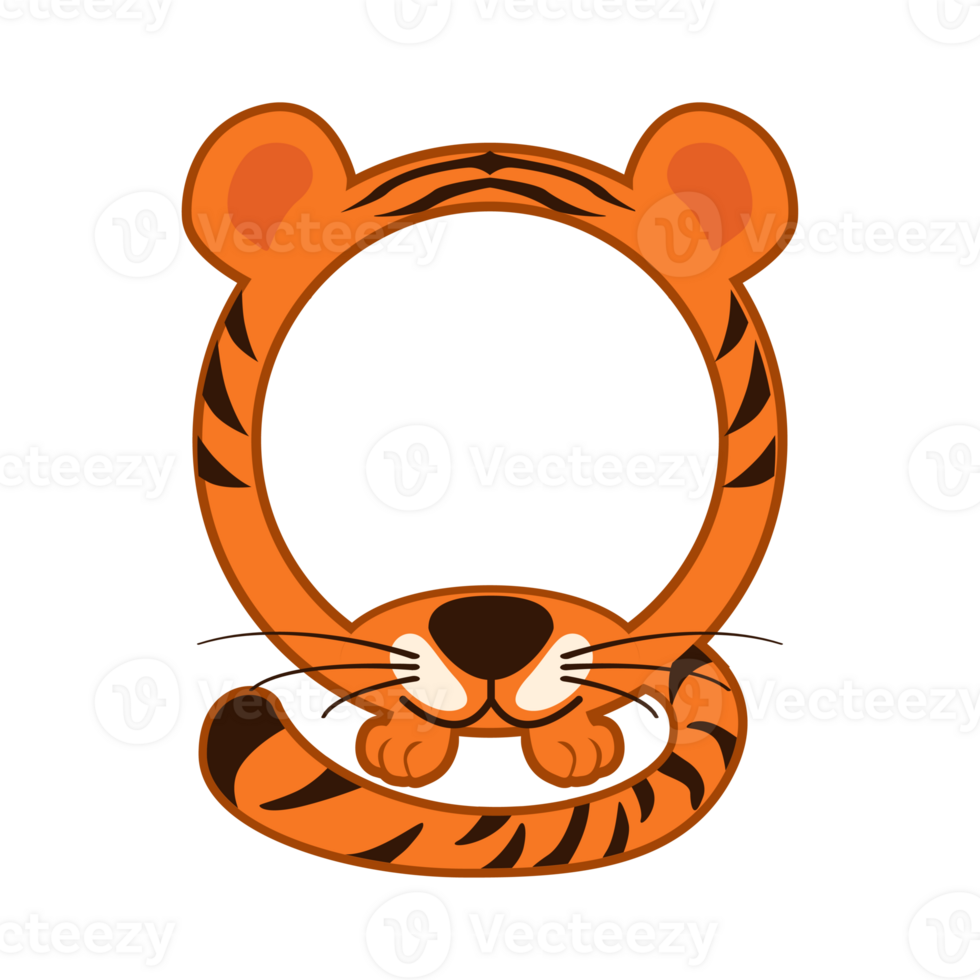 Cute round tiger frame. Cartoon avatar for UI games. Empty animal frame for your kids decor, print or stickers. png