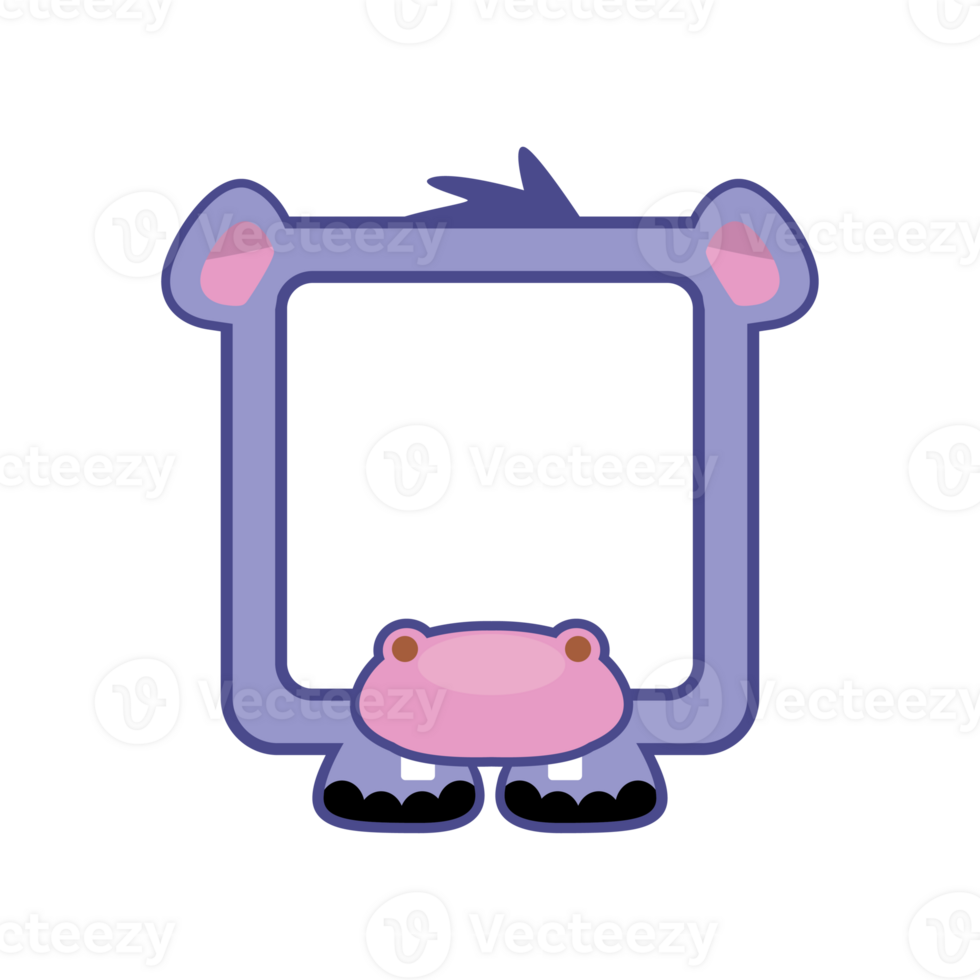 Cute square Hippo frame. Cartoon avatar for UI games. Empty animal frame for your kids decor, print or stickers. png
