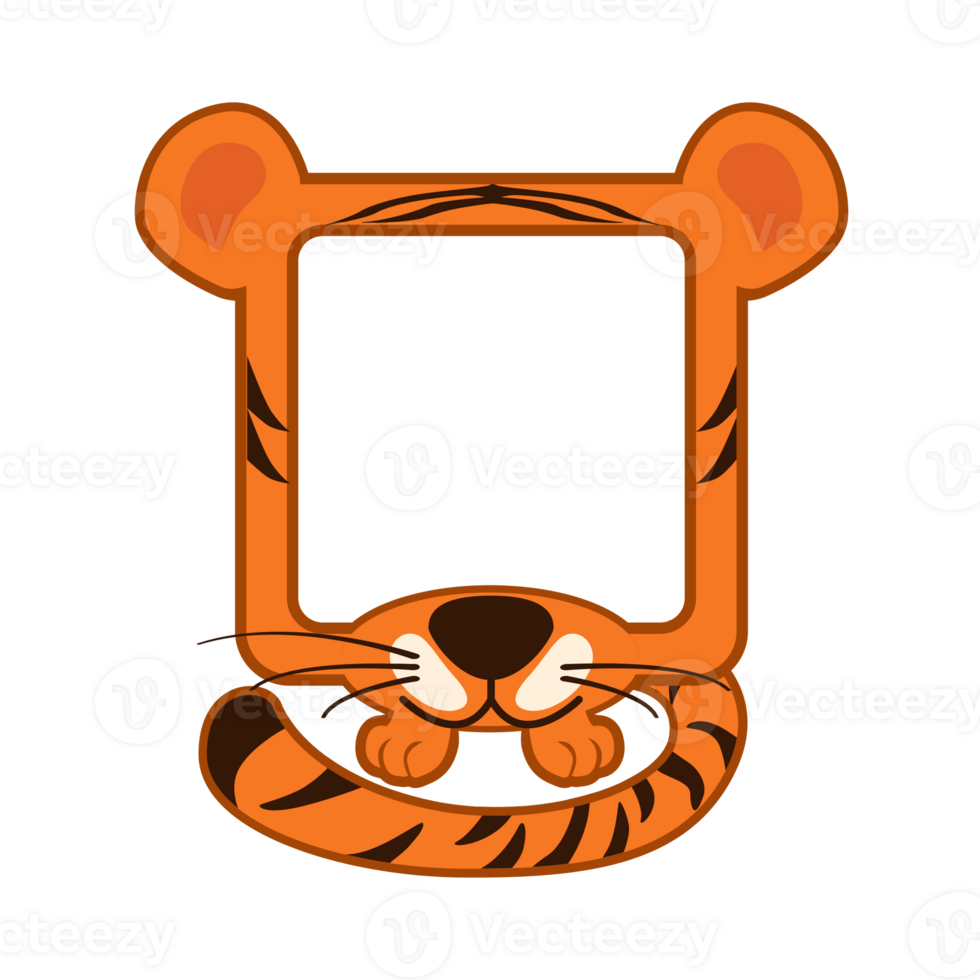 Cute Square tiger frame. Cartoon avatar for UI games. Empty animal frame for your kids decor, print or stickers. png