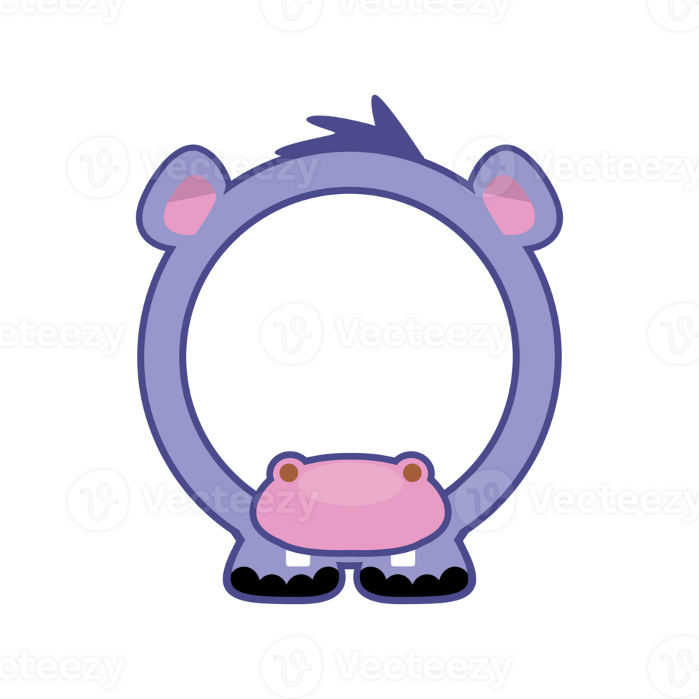 Cute circle Hippo frame. Cartoon avatar for UI games. Empty animal frame for your kids decor, print or stickers. png