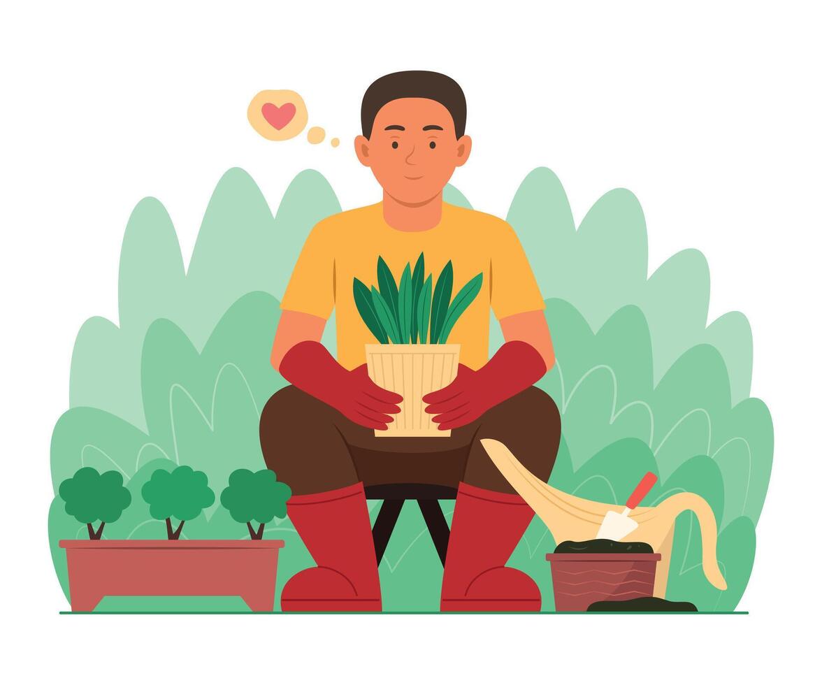 Gardener Man Planting a Sapling of Tree with Flower Pot in Garden vector