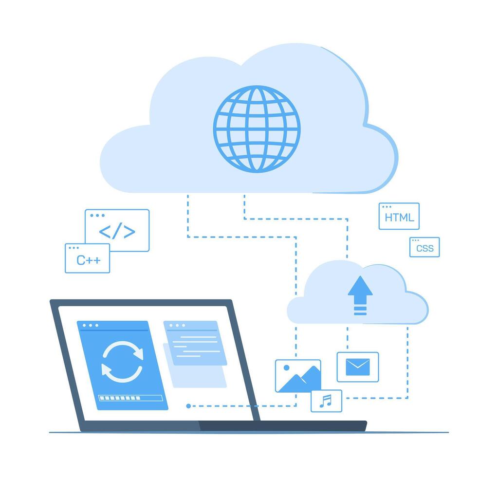 Laptop Computer Syncing Data with Cloud Computing Server for Wireless Network Connection Technology Concept Illustration vector