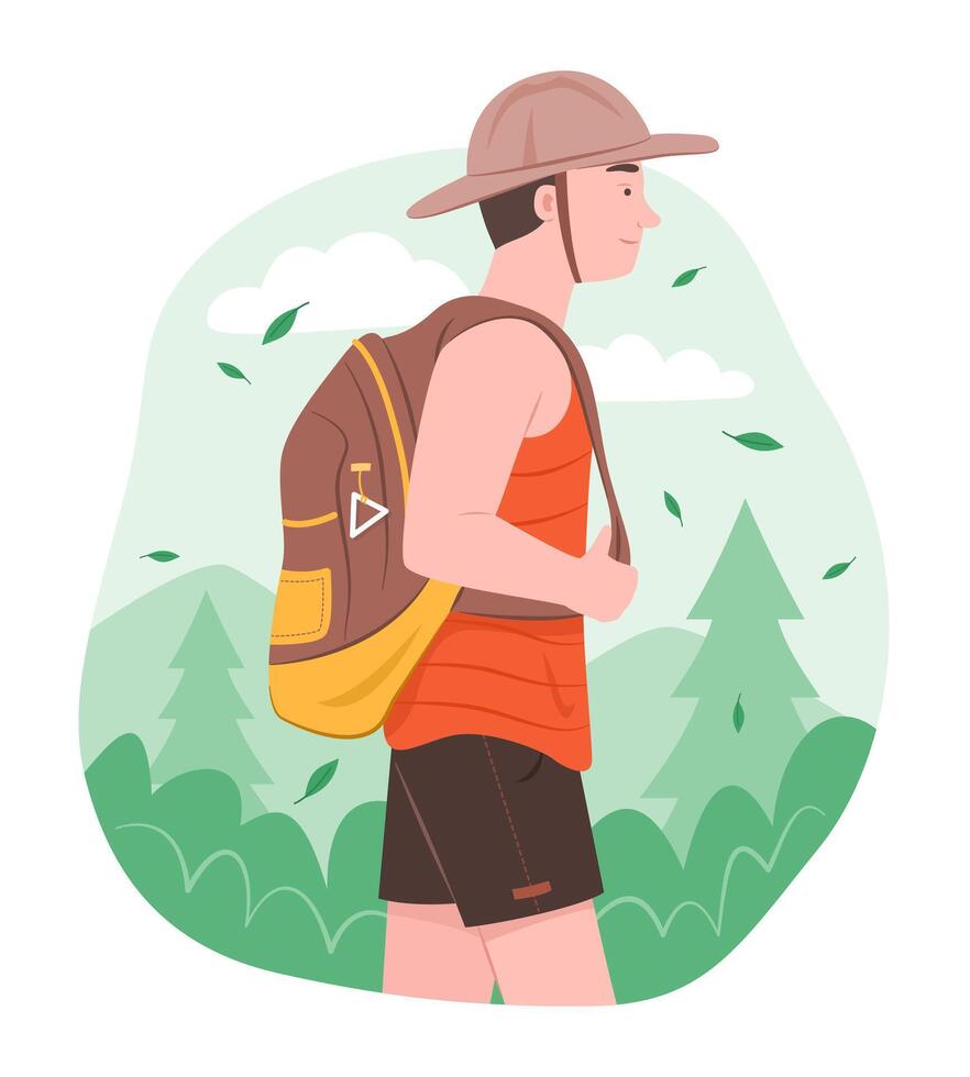 Backpacker Man Hiking in Forest for Outdoor Recreation Activity Concept Illustration vector